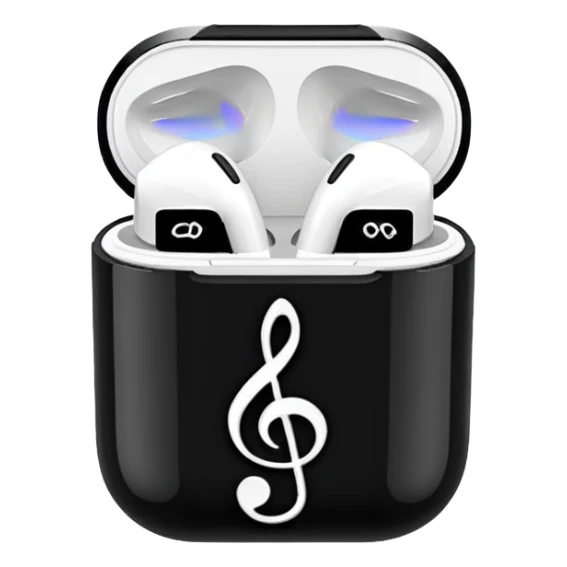 airpods in a black treble clef themed case sticker