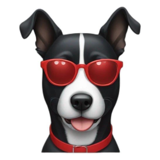 A black dog with a white snout, a white stripe down the middle, and red glasses sticker