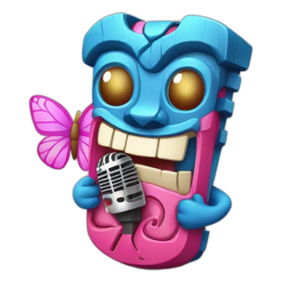 Cartoon Blue and pink tiki singing with butterfly and mikrophone sticker