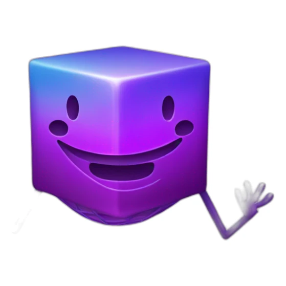 purple gradient colored smiling cube with 2 long open hands and 2 long legs with a dish antenna as a hat sticker