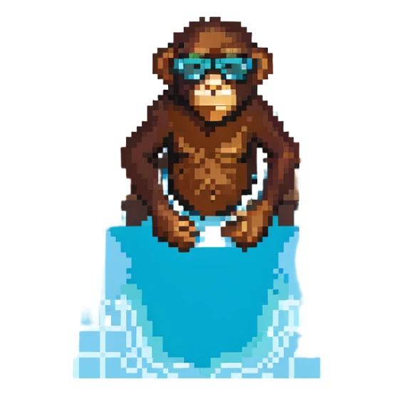 chimpanzé avec des lunettes au bord d'une piscine, style pixel art sticker