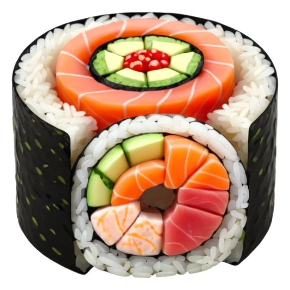 single round sushi maki cross-section, rice ring and colorful center sticker