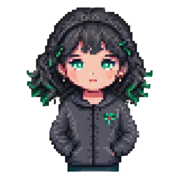 shy girl tucking her hair behind her ear, pixel art style sticker