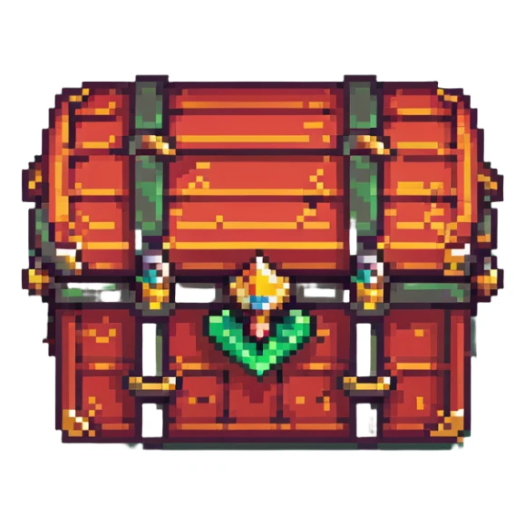 A red RPG treasure chest with gold details, pixelated 16-bit style sticker