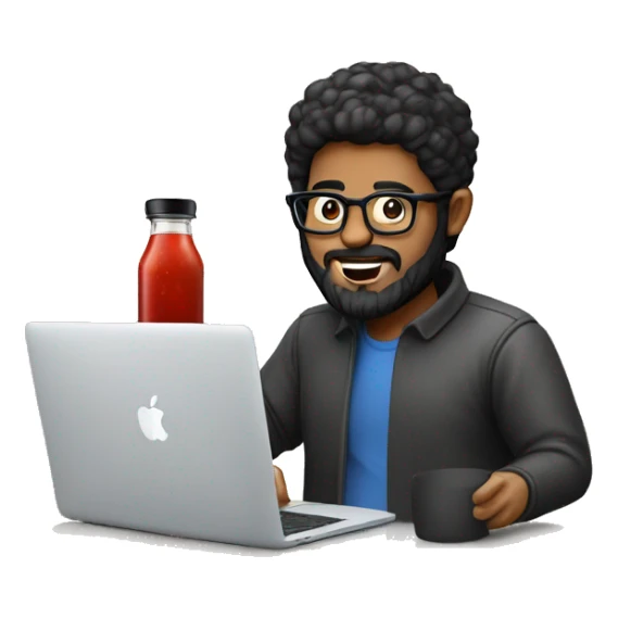 Designer with black hair, beard and glasses working with MacBook and ketchup bottles sticker