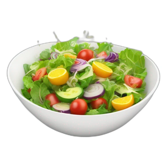 "Create a vibrant, 3D bowl of salad with colorful, glowing ingredients, levitating slightly in a modern kitchen setting. sticker