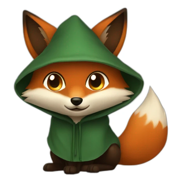 a small dark brown fox with orange eyes with a dark green hood that smile sticker
