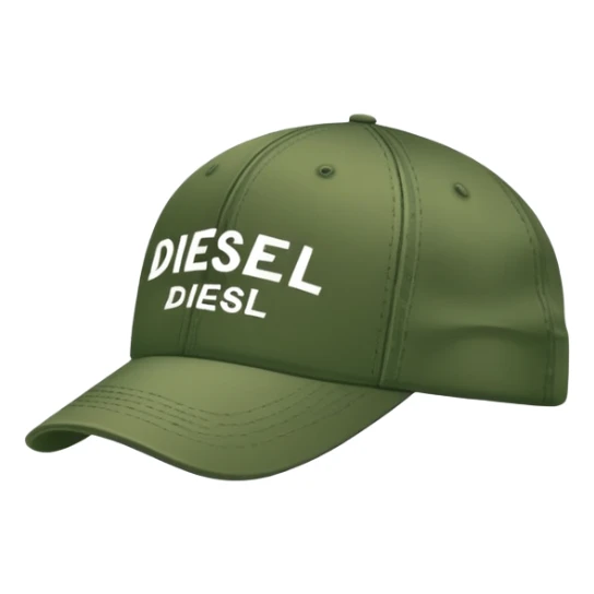 Deep army green Diesel cap, isolated hat with white handwritten Diesel text and the brand's logo below it, no human sticker
