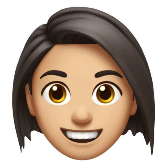 hair in a ponytail, looks like Mila Kunis, upper front fangs point forward, sweet smile, just like the photo sticker