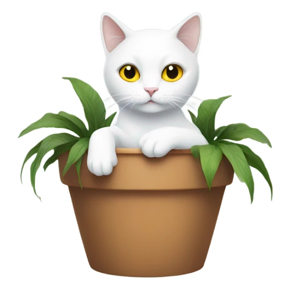 White cat with yellow eyes sitting in a plant pot sticker