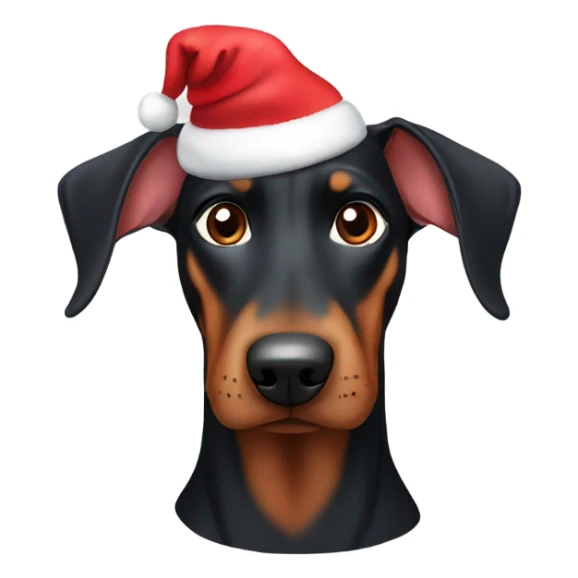 Doberman with floppy ears wearing a Santa hat sticker