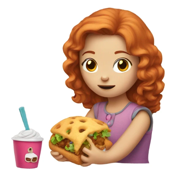 Redheaded girl, eating a toy sticker