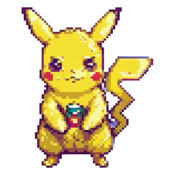classic pose Pikachu, bright colors, pixel art style sticker