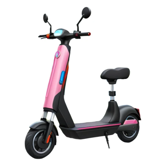 An icon featuring a sleek electric scooter parked on a scenic path. The background showcases a vibrant city park with green trees, flowers, and a clear blue sky. The sun sets in the distance, casting a warm golden glow on the landscape. Transparent background sticker
