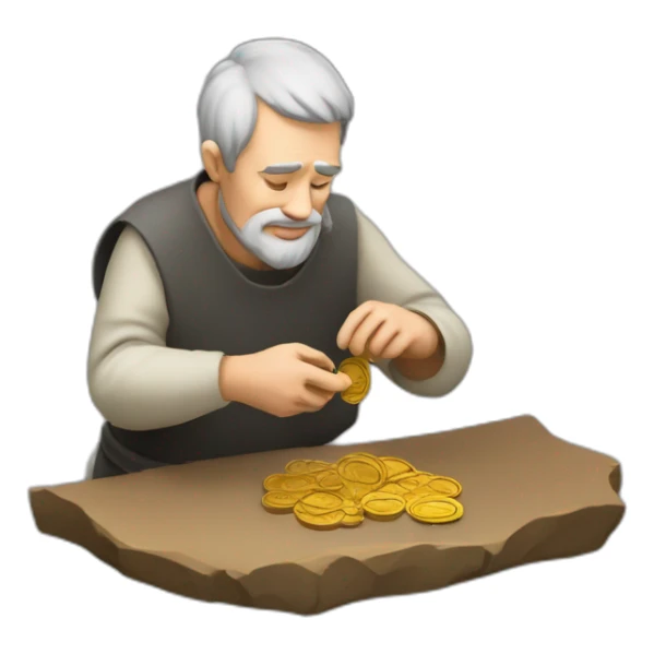 old and experienced coin engraver yielding a coin, medieval age sticker