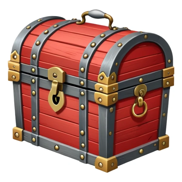 A red wooden treasure chest from an RPG, with metal hinges and a lock sticker