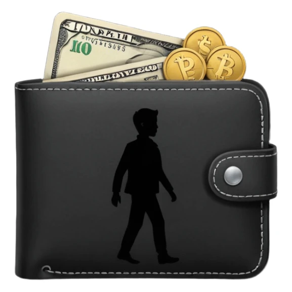 wallet with coins and a person silhouette above sticker