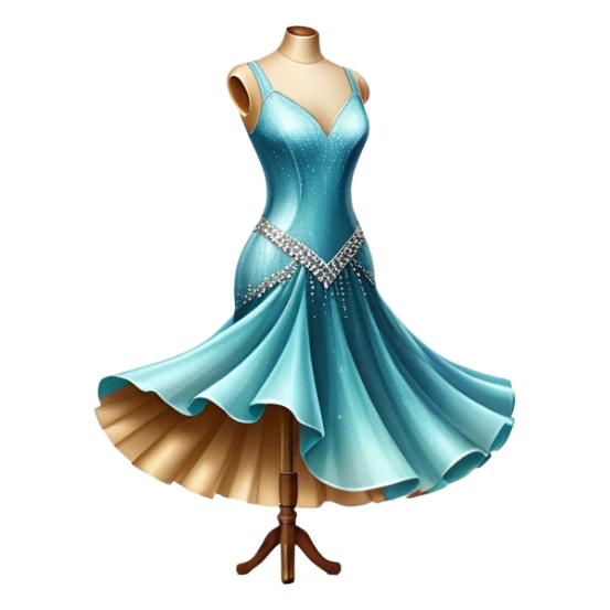 Humanless Icon for Ballroom Dance: elegant ballroom dance shoes, a sparkling dress, and a dance floor with a spotlight. The icon should capture the grace and elegance of ballroom dancing, with emphasis on movement and rhythm. Transparent background. sticker