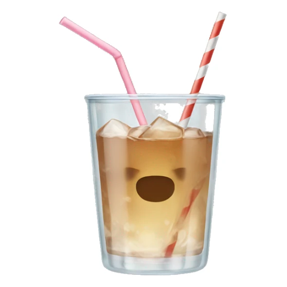 Clear glass cup with light brown drink, ice, and straw sticker