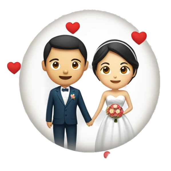 korean man and southeast asian woman side by side in wedding attire, they should be inside a globe. include a ring or heart above them to symbolise marriage. sticker