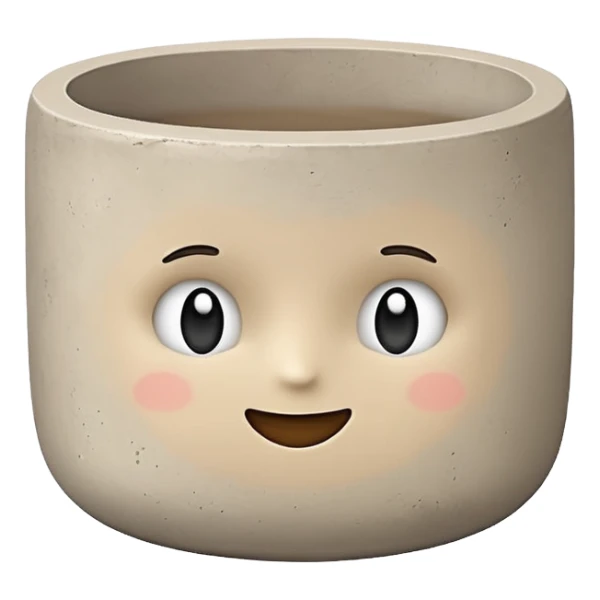 Cute emoji-style illustration of a smooth concrete pot with soft texture, neutral grey-beige color, minimal design, rounded edges, clean aesthetic background sticker