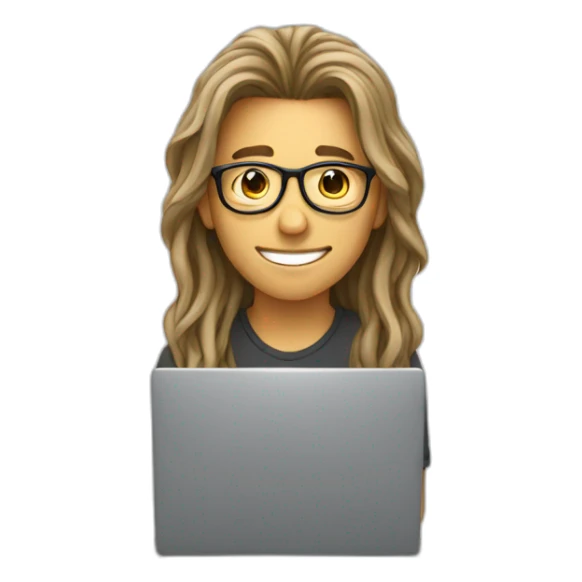 a young man with long hair and wearing glasses sitting with a computercheering sticker