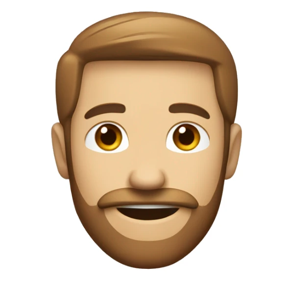 White Man with tiny downturned smiling eyes, brown beard and mustache, smile. Cap. sticker