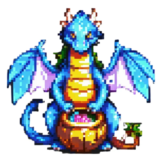 pixel art dragon curled around treasure sticker