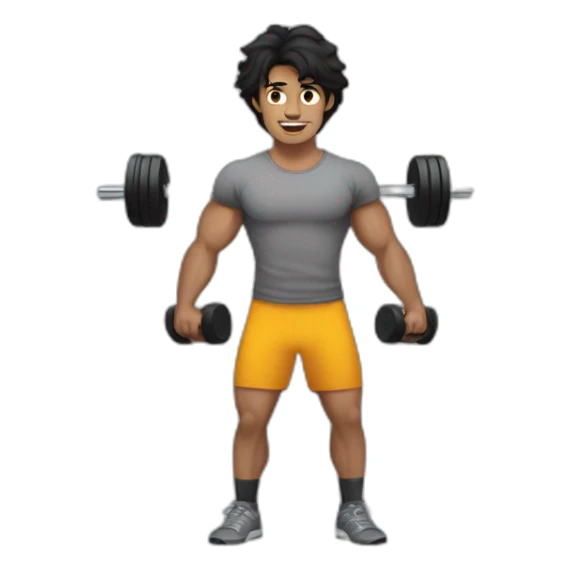 a man with grey tshirt with gym weights, black hair, medium long messy hair sticker