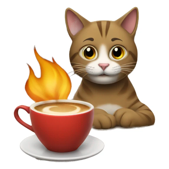 A cat sitting at a table with a cup of coffee. There is a fire in the background. sticker