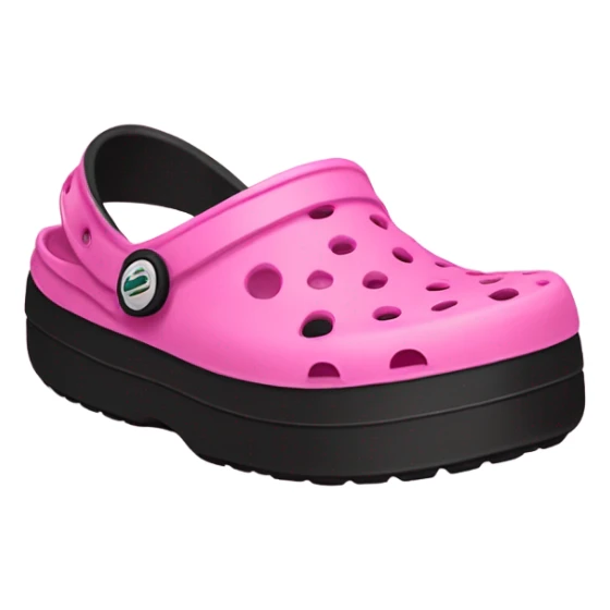 pink pair of crocs shoes with black platform crocs sticker