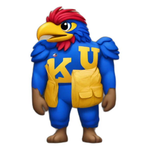 jayhawk on the beach with "KU" written on chest sticker