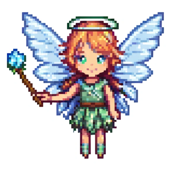 pixel art fairy with wings, holding a magic wand sticker