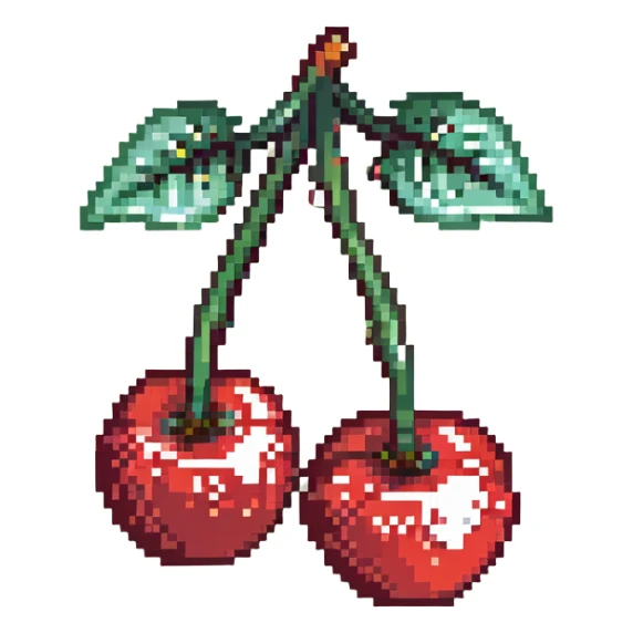 Pixel art of two shiny red cherries with green stem sticker