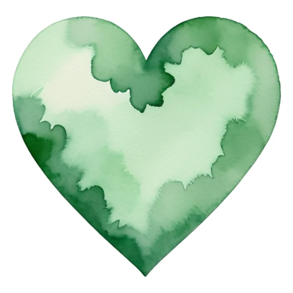 minimalist watercolor heart icon, monochromatic green washes, soft bleeding edges, on textured white paper, serene and emotional, perfect for app icon, transparent background, flat lay --style raw --stylize 150 sticker