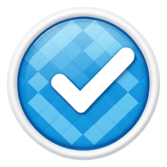 Social media verified badge, bright blue circle with white bold check mark, abstract geometric pattern inside blue circle, clean vector emoji style, modern minimal design, transparent background sticker