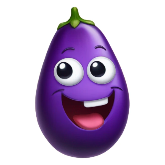 Whimsical cartoon style, a vibrant purple eggplant character lying exhausted on a pastel gradient background. Anthropomorphic vegetable with goofy tired expression, dangling tongue (vintage animation style), X-shaped starry eyes, and jelly-like limp limbs. Soft curved design inspired by Pixar/Disney cute creatures, organic textures with glossy highlights. Playful absurdist mood, innocent vegetable personality emphasized by soft shower lighting and squashy proportions. Exaggerated comic fatigue details, 3D render with plush toy aesthetic sticker