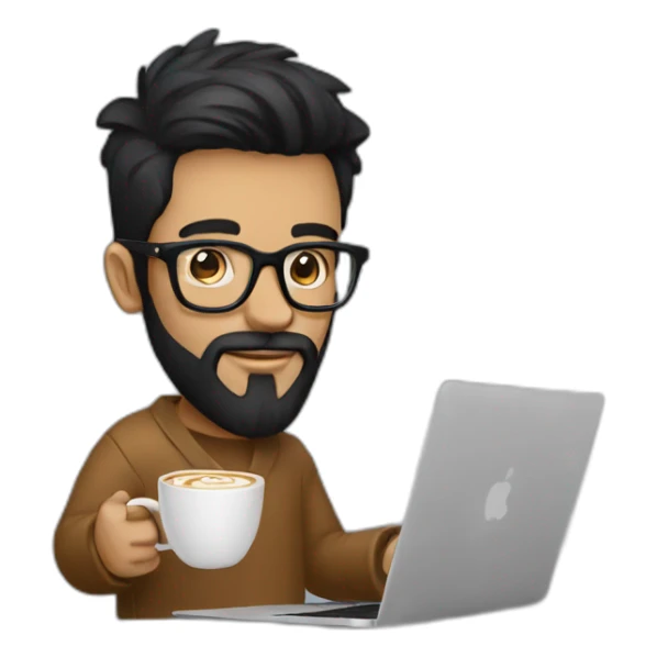 Designer with black hair, beard and glasses working with MacBook and drinking cappuccino  sticker