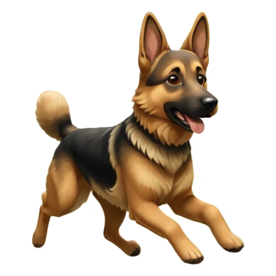 A German Shepherd running through a forest trail, showing strength and motion. Sunlight filtering through trees, dynamic action shot, detailed fur texture. sticker