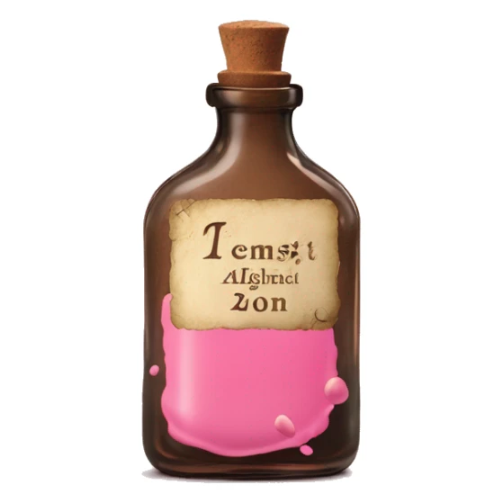 Mysterious Alchemical vintage glass potion bottle, exquisite bottle shape, old and shabby, with label, stylish and minimalistic, brown and pink, oil potion is poured out of the bottle, oil is spilled next to it sticker