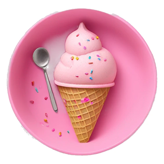 Pink ice cream in bowl with sprinkles and spoon on the side  sticker