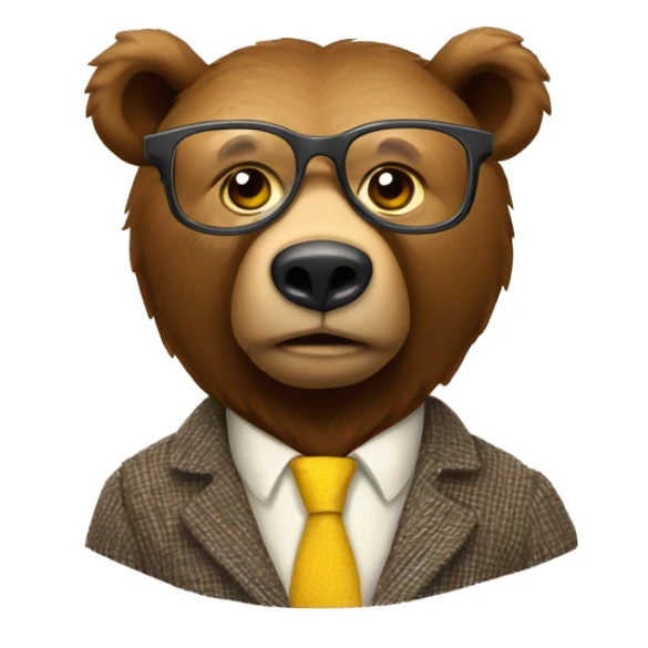 Brown bear animal as a university professor wearing tweed suit and clear yellow plastic thick-rimmed glasses sticker