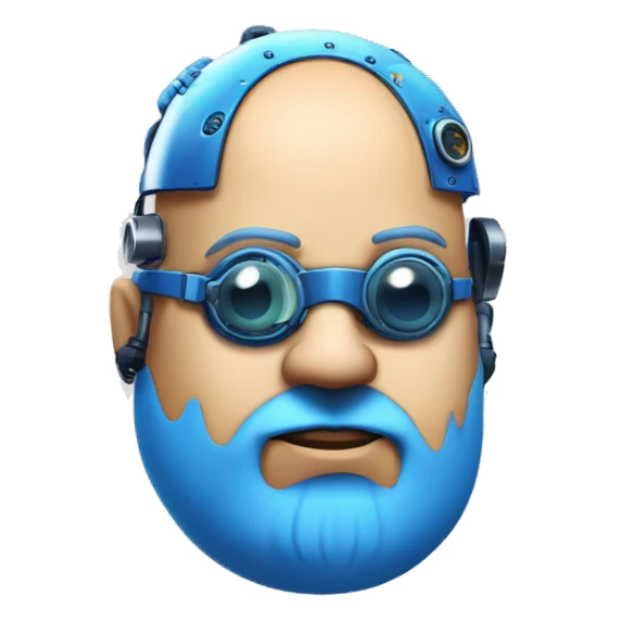 Fat bald cyborg head with tan skin, blue beard, blue steampunk goggles and circuits sticker
