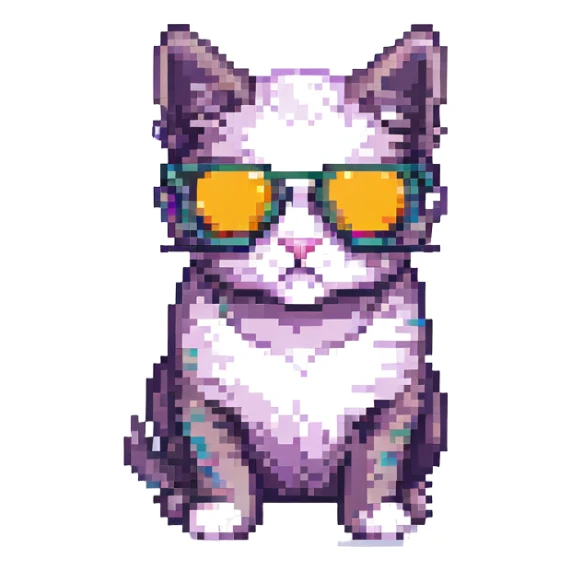 cat wearing sunglasses, retro and playful pixel art style sticker