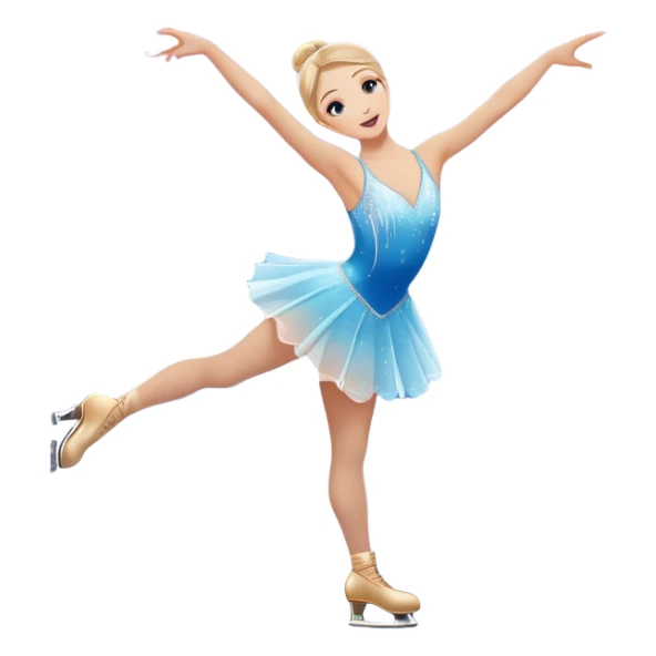 An icon featuring a graceful figure skater performing a spin on a sparkling ice rink. The scene includes a shimmering rink, colorful spotlights, snowflakes gently falling from the sky, and an audience in the stands, with a snowy landscape visible through large windows. Transparent background. sticker