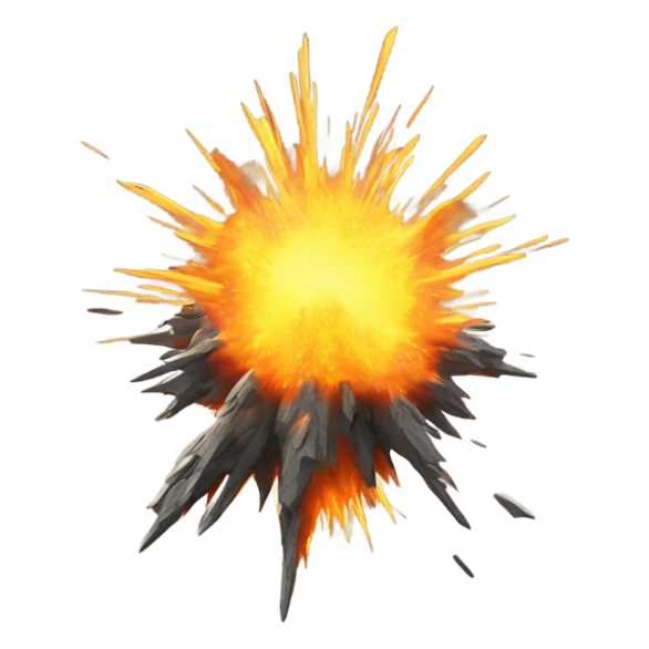 A large, fiery explosion with orange and yellow flames bursting outward, sending debris flying, with a shockwave of energy radiating from the center. sticker