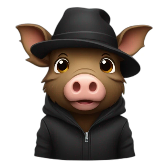 Bored brown boar in a black winter hat and black jacket sticker