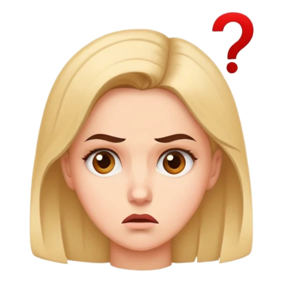 A woman with a confused facial expression, furrowed brow, and question mark above her head sticker