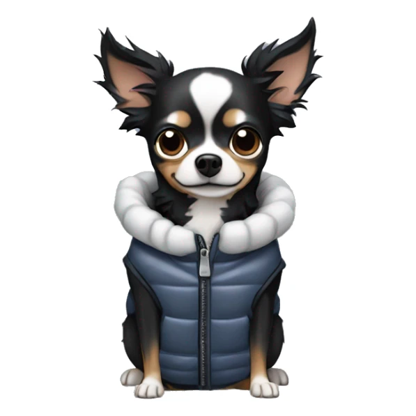 All Black chihuahua Chinese crested mix wearing a puffer vest sticker