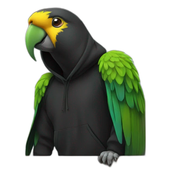 Parrot in black hoodie with Framer logo sticker